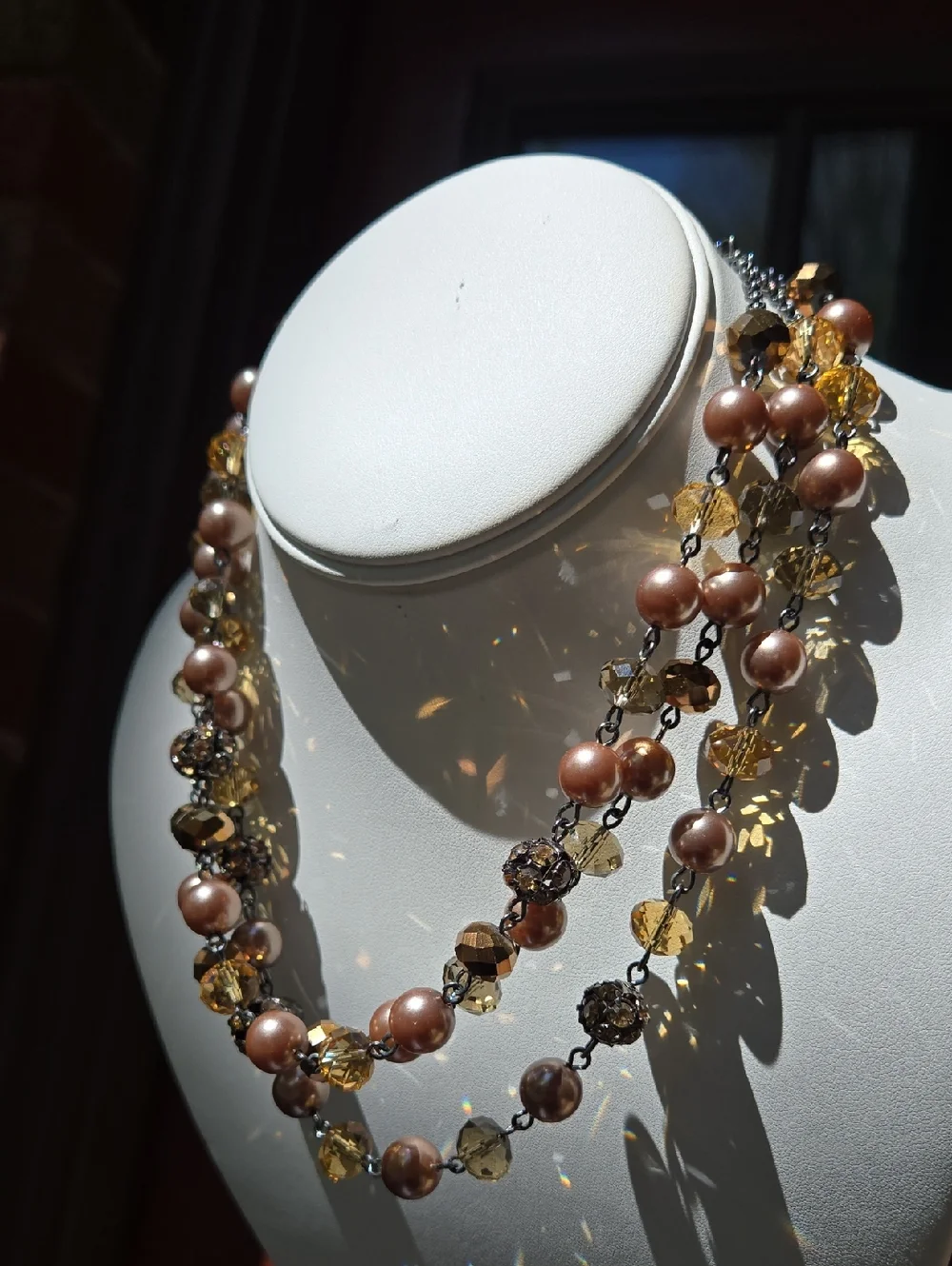 Monet Fuax Pearl and Gold Crystal Multi-Strand Necklace Vintage Style